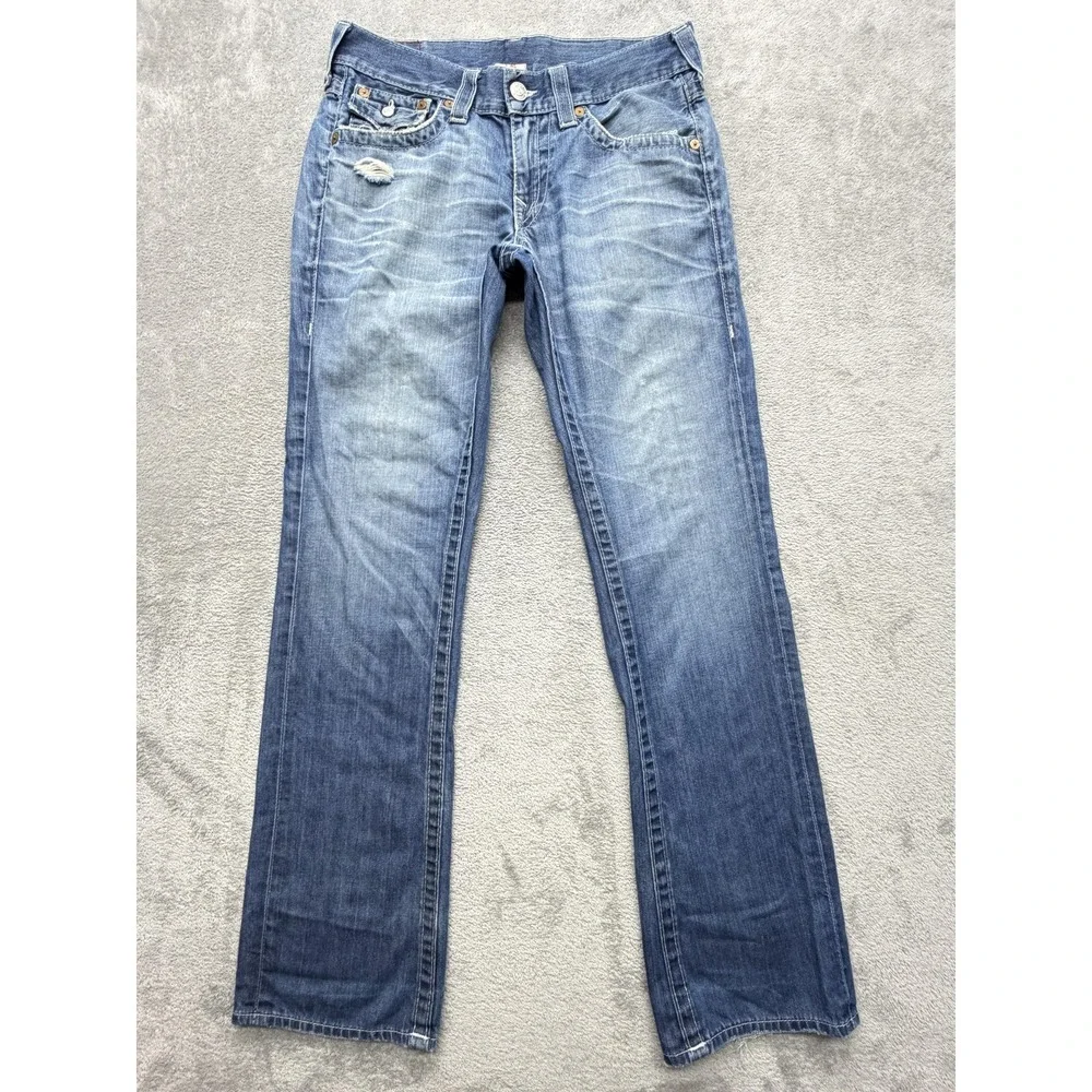 True Religion Jeans Mens Measured 34x33 Blue‎ Bootcut Relaxed Distressed Logo